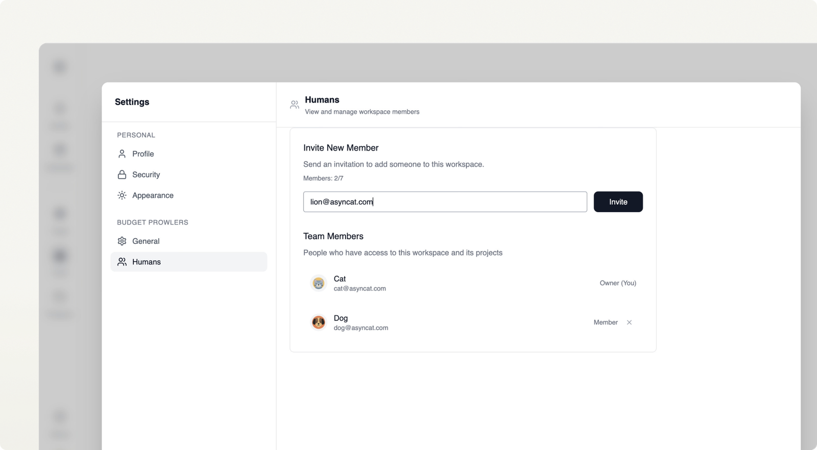 Team management interface